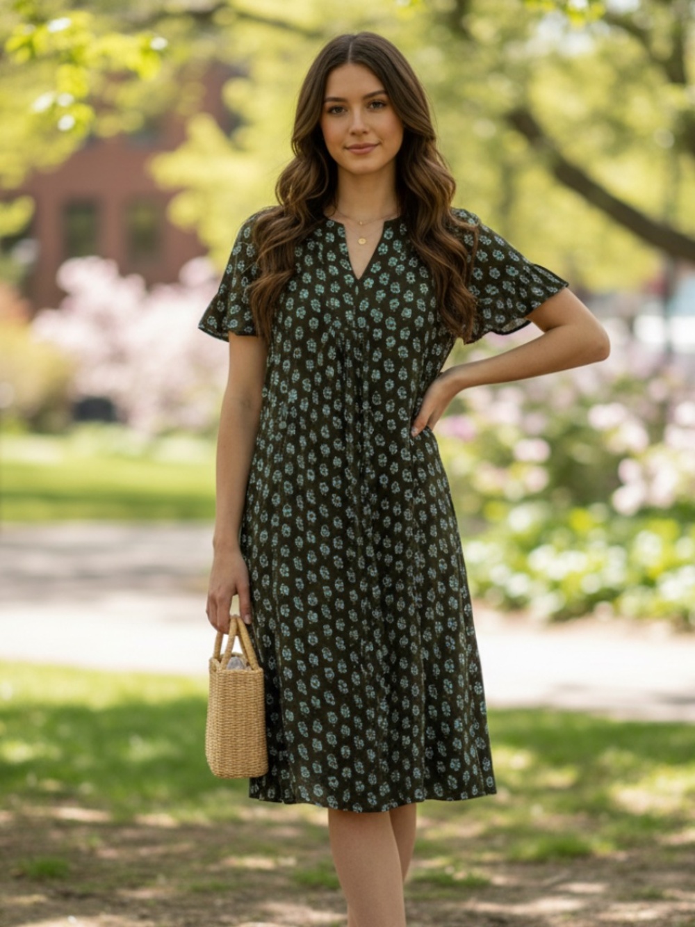 NWT Croft & Barrow army green floral V-neck midi dress with pockets sm